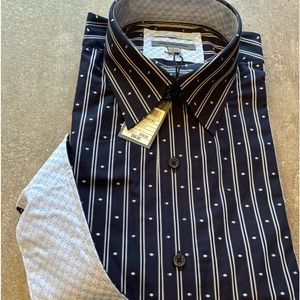 Johnson&Murphy size L button down NWT tailored fit navy with patterned cuffs&col